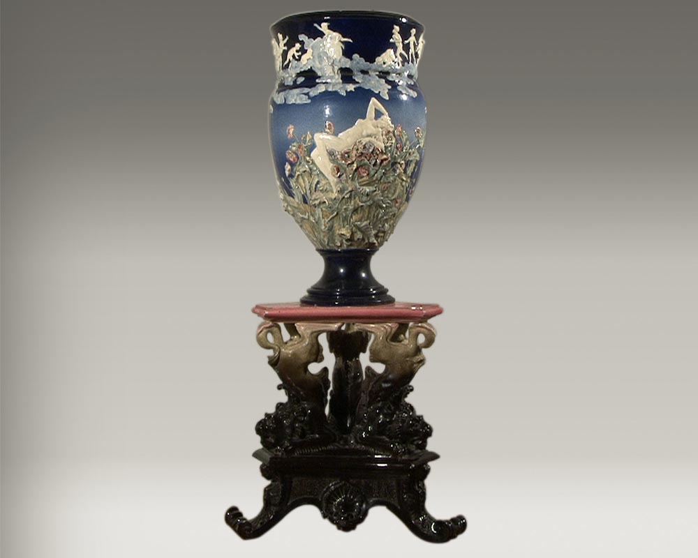 Louis-Robert CARRIER-BELLEUSE et FAÏENCERIE DE CHOISY LE ROI : "Uranie" exceptionnel vase en grès. Exposé en 1902.-0