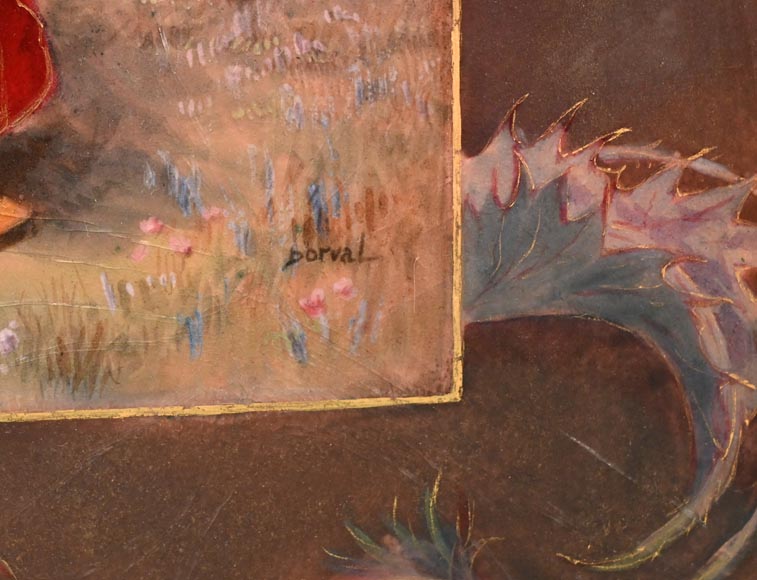 DORVAL, émailleur - Triptyque émaillé aux femmes à fleurs de chrysanthème-9