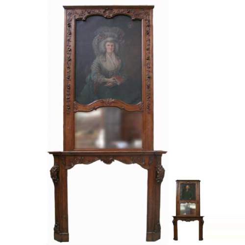 Cheminée et trumeau en chêne avec portrait de dame