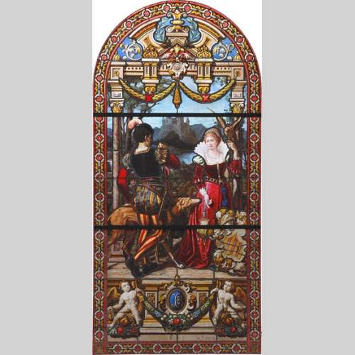 « Le Départ pour la chasse » Grand vitrail en verre émaillé de l’atelier Lorin, provenant du château des Ollières à Nice