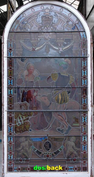 « Le Départ pour la chasse » Grand vitrail en verre émaillé de l’atelier Lorin, provenant du château des Ollières à Nice-10