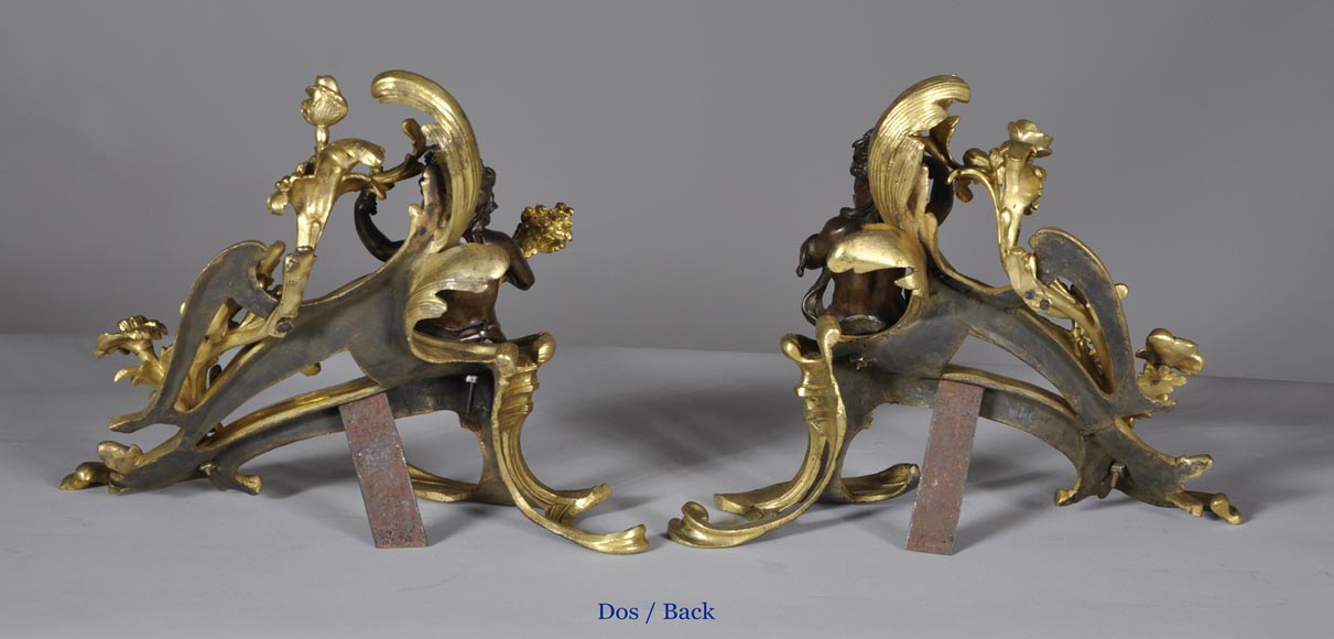 Belle paire de chenets anciens d'époque Louis XV aux Allégories de l'Eté en bronze doré et bronze à patine brune-7