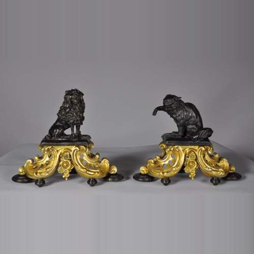 Paire de chenets bronze doré pattes de lion ancien Napoléon 3 XIX ème