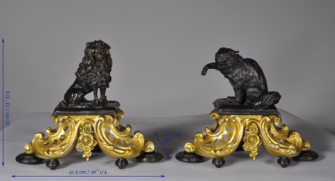 Paire de chenets en bronze doré et bronze à patine brune à décor de chien et chat-7