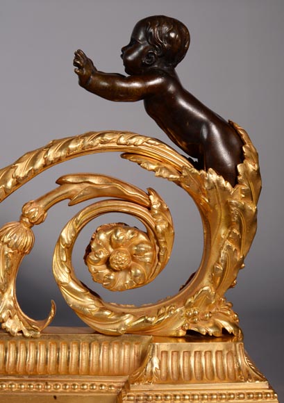 Belle paire de chenets de style Louis XVI en bronze doré et patiné aux putti-2