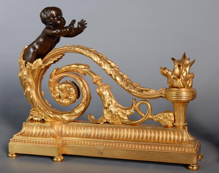 Belle paire de chenets de style Louis XVI en bronze doré et patiné aux putti-4