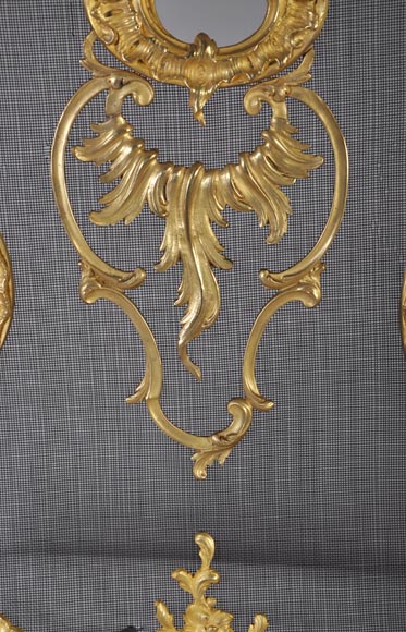 Pare étincelles ancien de style Louis XV en bronze doré, décor de feuillages et fleurs-1
