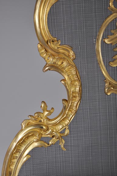 Pare étincelles ancien de style Louis XV en bronze doré, décor de feuillages et fleurs-3