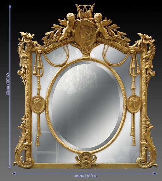 Superbe miroir à parecloses Napoléon III en bois et stuc doré à décor de putti et de profils de femmes en médaillons-11