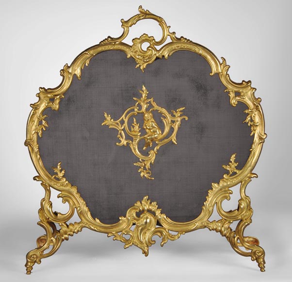 Pare étincelle ancien de style Louis XV en bronze doré à l'Allégorie de l'Hiver-0