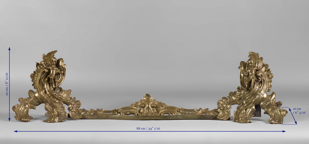 Belle barre de chenets de style Louis XV en bronze doré avec enfants et feuillages-6