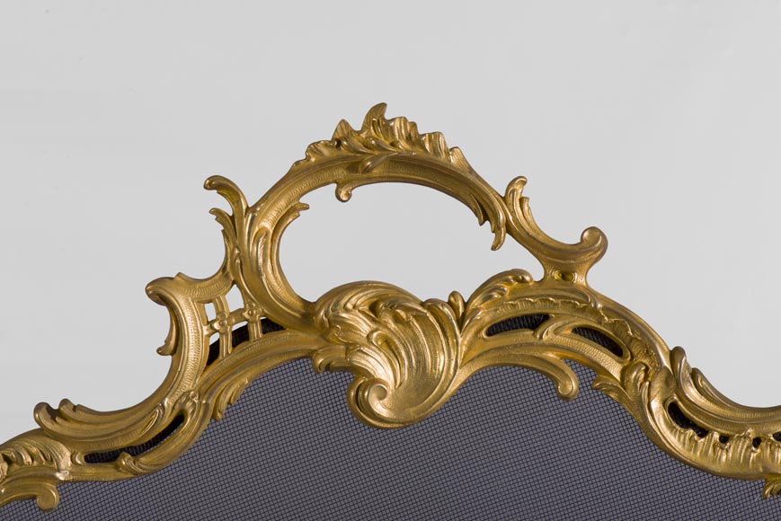 Pare étincelles ancien de style Louis XV en bronze doré à décor d'oiseaux et d'attributs musicaux-2