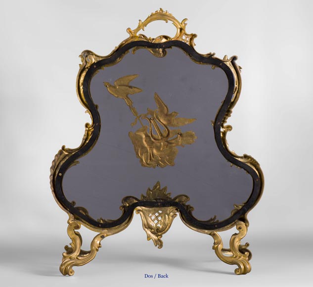 Pare étincelles ancien de style Louis XV en bronze doré à décor d'oiseaux et d'attributs musicaux-6