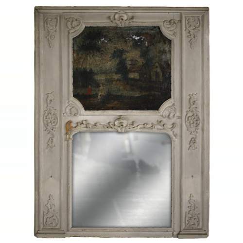 Trumeau ancien de style Régence avec miroir et huile sur toile représentant une scène galante