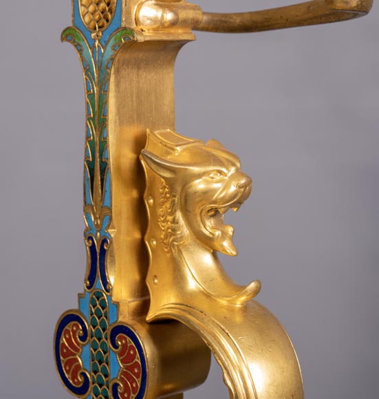 Paire de chenets de style Napoléon III en bronze doré au décors émaillé-3