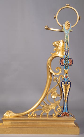 Paire de chenets de style Napoléon III en bronze doré au décors émaillé-7