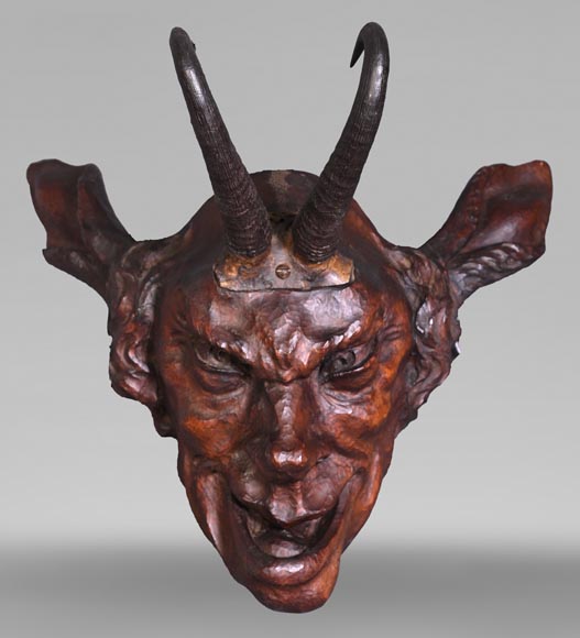 STEINER Hermann (1878-1963) masque de faune en bois sculpté et cornes de bouquetin-0