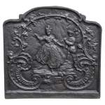 Plaque de cheminée de style Louis XV à la femme au pas de danse et au musicien