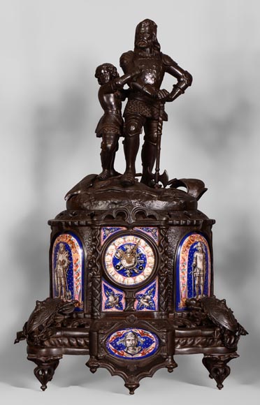 Importante garniture de cheminée 5 pièces de style Troubadour, fonte de fer et Porcelaine de Paris-1