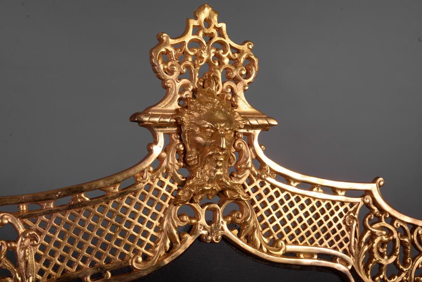 Grand pare-étincelles ancien en bronze doré de style Napoléon III à la tête de satyre -2