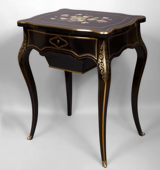 Julien-Nicolas RIVART (1802-1867) - Table à ouvrage en poirier noirci à décor de fleurs des champs en marqueterie de porcelaine-1