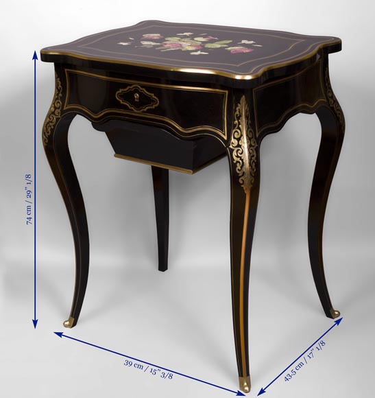 Julien-Nicolas RIVART (1802-1867) - Table à ouvrage en poirier noirci à décor de fleurs des champs en marqueterie de porcelaine-5