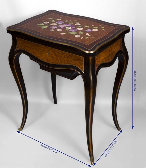Julien-Nicolas RIVART (1802-1867) - Table à ouvrage à décor de campanules blanches et mauves en marqueterie de porcelaine-5