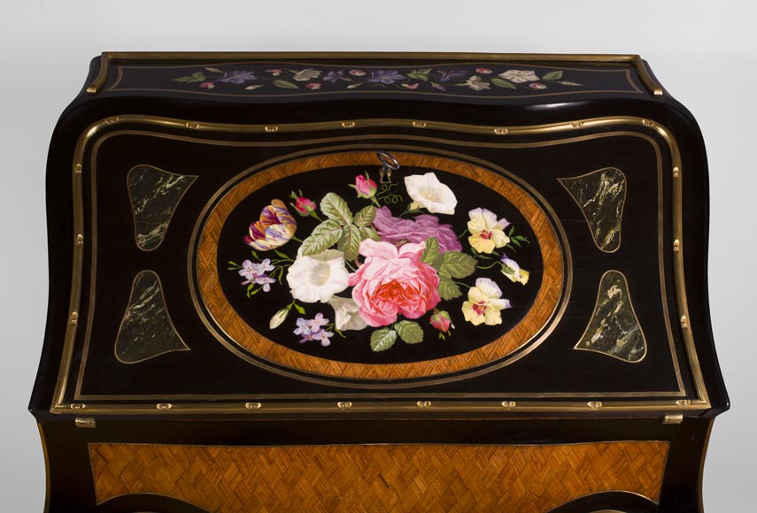 Julien-Nicolas RIVART (1802-1867) - Bureau de pente galbé à marqueterie de losanges et bouquet de fleurs en incrustation de porcelaine-2