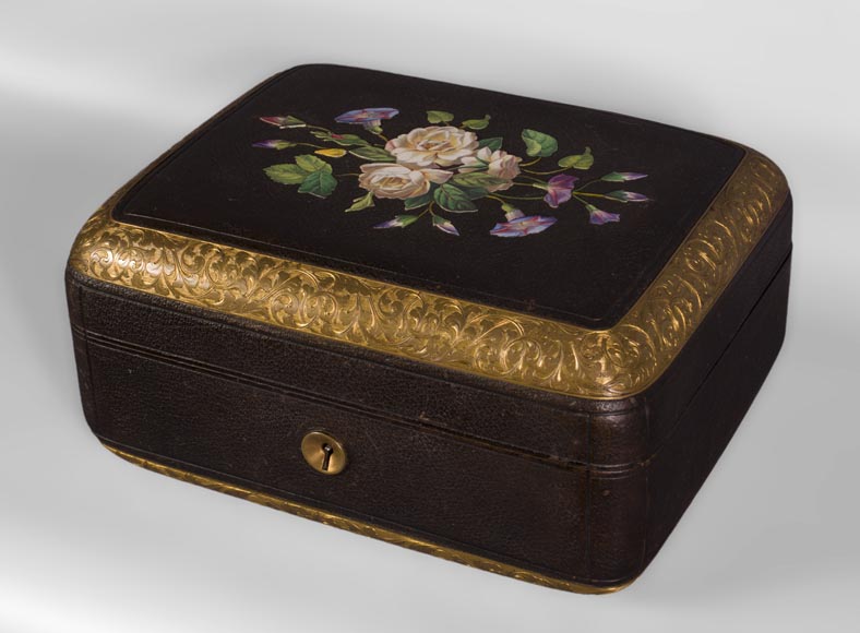 Julien-Nicolas RIVART (1802-1867) - Coffret à bijoux gainé de cuir à décoration de marqueterie de porcelaine-1