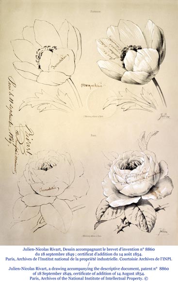 Alphonse GIROUX et cie (1838-1867) et Julien-Nicolas RIVART (1802-1867) - Très beau bureau de pente aux espagnolettes à décor de roses en incrustation de porcelaine-7