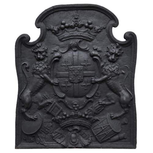 Belle plaque de cheminée ancienne aux armes de la famille de Cléron, Lorraine, XVIIIè siècle