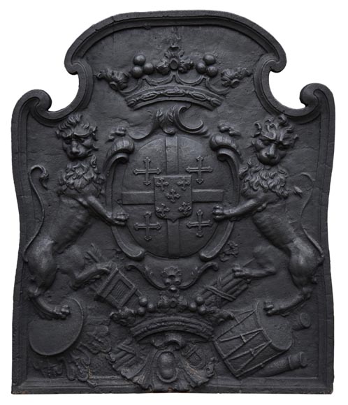 Belle plaque de cheminée ancienne aux armes de la famille de Cléron, Lorraine, XVIIIè siècle-0