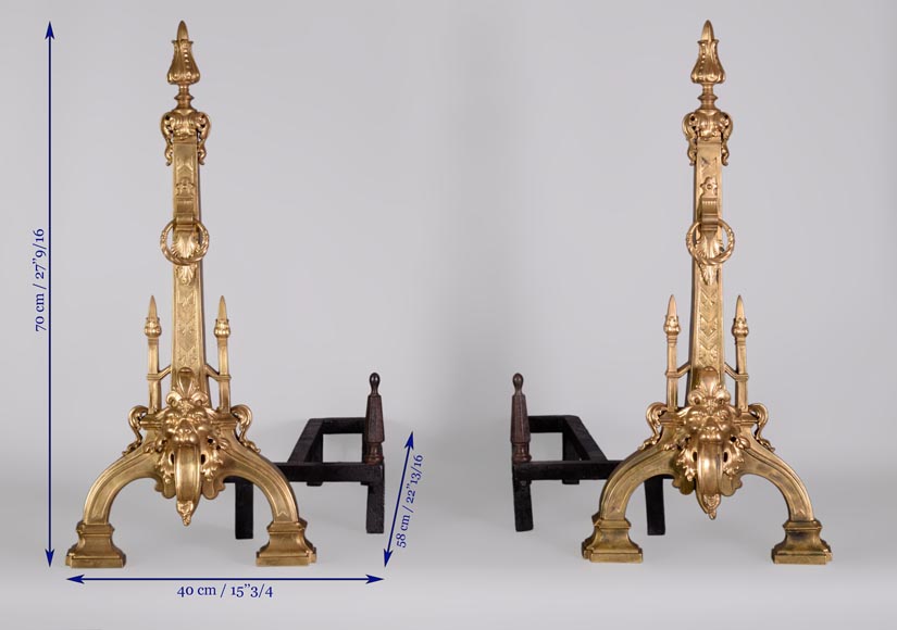 Paire de chenets ancienne de style Napoléon III en bronze doré aux têtes de lions -9