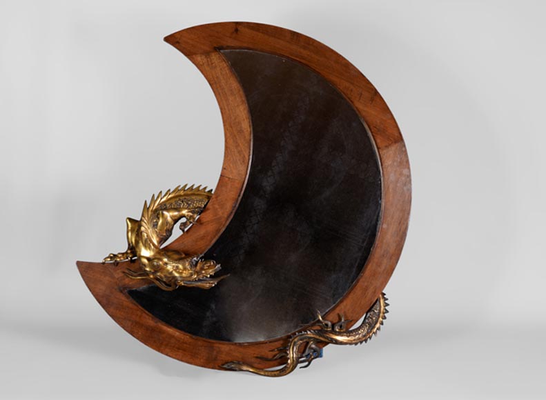 Gabriel VIARDOT (Att. à ) - Rare miroir japonisant en croissant de lune au dragon de bronze-0