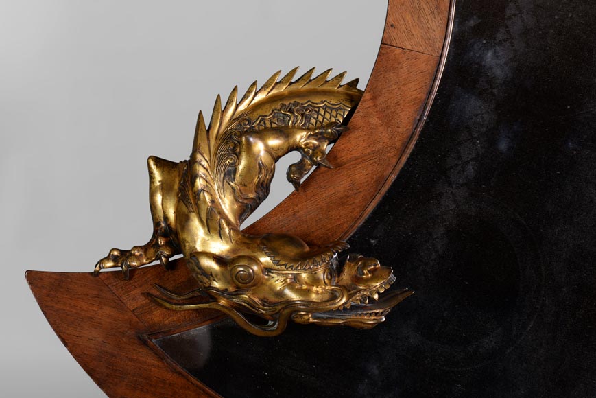 Gabriel VIARDOT (Att. à ) - Rare miroir japonisant en croissant de lune au dragon de bronze-1