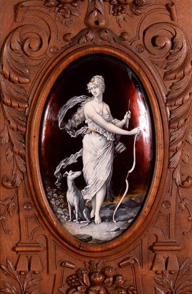  MAZAROZ-RIBAILLIER & SOYER Théophile — Important cabinet de présentation de style Néo-Renaissance en noyer sculpté, à émaux peints-2