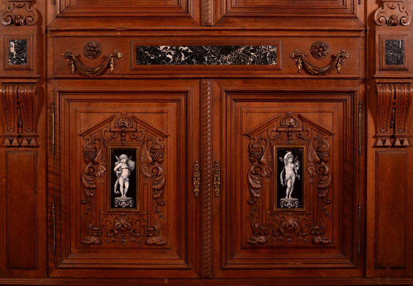  MAZAROZ-RIBAILLIER & SOYER Théophile — Important cabinet de présentation de style Néo-Renaissance en noyer sculpté, à émaux peints-6