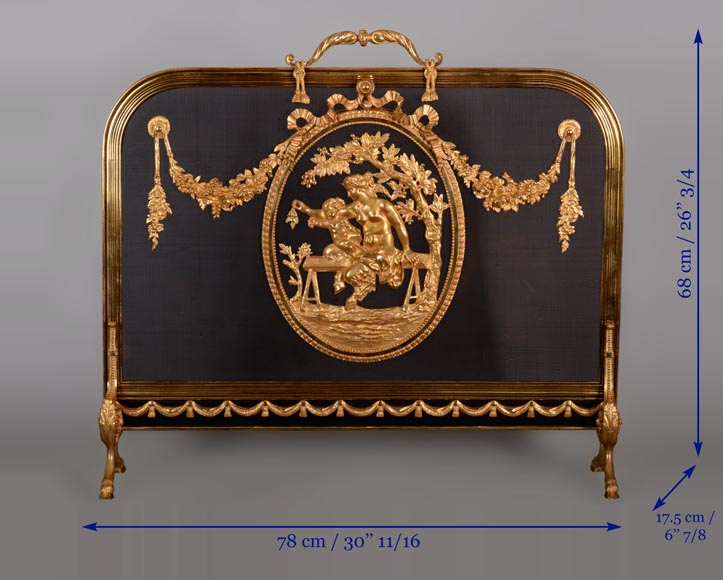 Beau pare-étincelles ancien en bronze doré de style Napoléon III à décor de Satyresse et son enfant-8