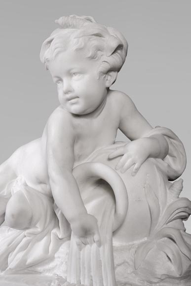 Allégorie d'une rivière sous la forme d'un enfant, sculpture en marbre statuaire, socle en Vert de mer-1