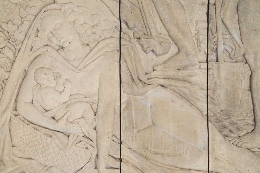 La Maternité et l'Agriculture, important bas-relief monumental d'époque Art Déco en pierre composite, signé-5
