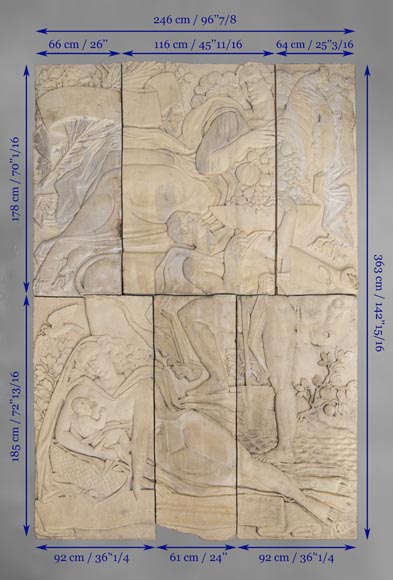 La Maternité et l'Agriculture, important bas-relief monumental d'époque Art Déco en pierre composite, signé-9