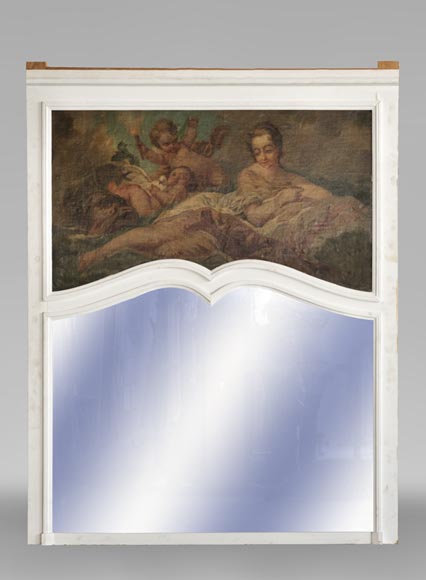 Beau trumeau ancien de style Louis XV avec huile sur toile représentant une femme et des putti-0