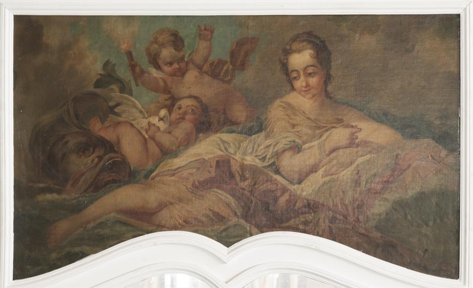 Beau trumeau ancien de style Louis XV avec huile sur toile représentant une femme et des putti-1