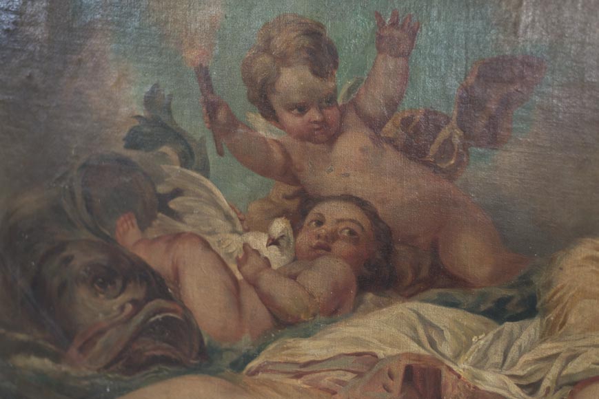 Beau trumeau ancien de style Louis XV avec huile sur toile représentant une femme et des putti-2