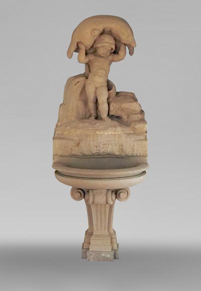 Belle fontaine d’intérieur néoclassique en pierre représentant Hercules enfant-0