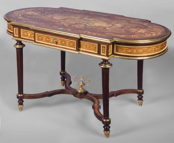 Exceptionnelle table de style Napoléon III en marqueterie de bois de diverses variétés, seconde moitié du XIXe siècle-1
