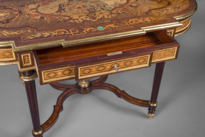 Exceptionnelle table de style Napoléon III en marqueterie de bois de diverses variétés, seconde moitié du XIXe siècle-6