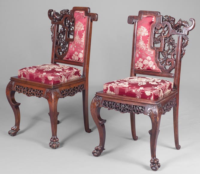 Cyrille RUFFIER DES AIMES (1844-1916) - Ensemble de deux chaises et un fauteuil d'inspiration extrême-orientale-16