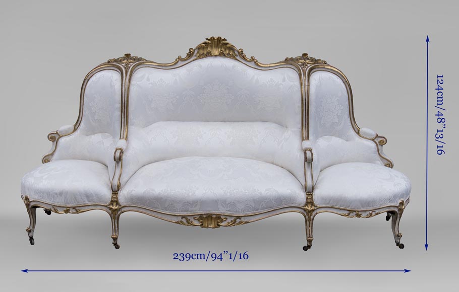 Grande banquette ancienne de style Louis XV en bois doré-15