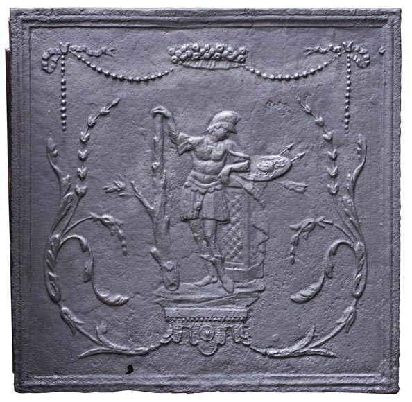 Plaque de cheminée ancienne à décor de soldat en armure-0